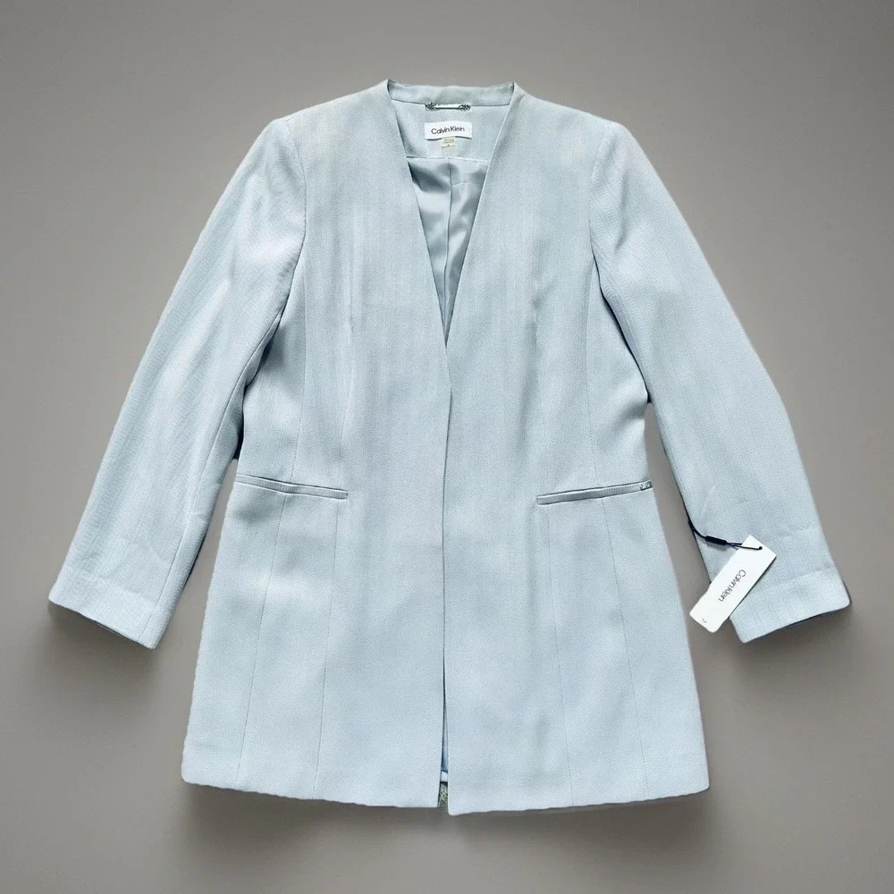 NWT Calvin Klein Longline Herringbone Open Front Blazer 16 Blue